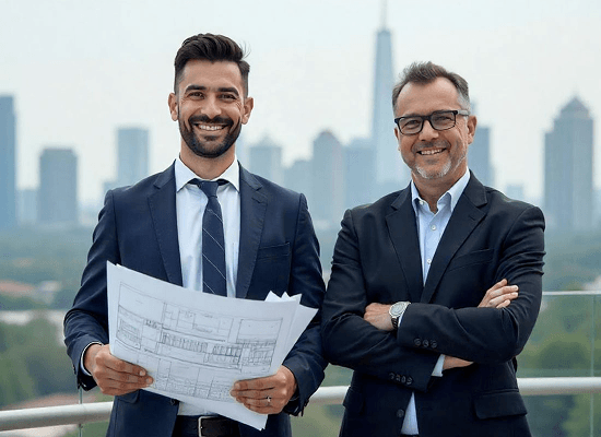 Two professional architects in suits standing together, one holding building plans with a city skyline in the background